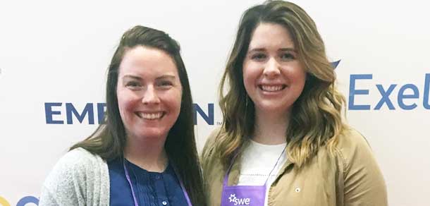﻿Courtney Rohachuk, P.Eng. (left) and Amanda Kostiuk, P.Eng. (right) representing APEGS at the SWE conference